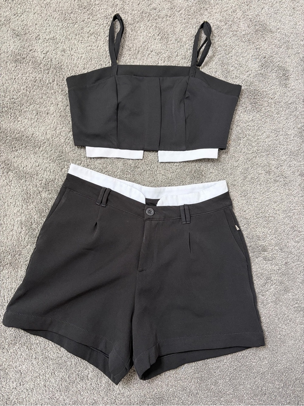 Black Two-Piece set Cropped Top & High-Waist Shorts  white contrast waistband